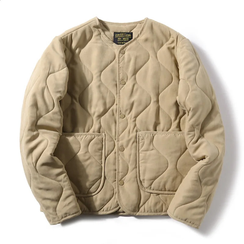 Winter vintage quilted jacket mens collarless cotton lined coat M65 lining lightweight casual loose Japanese coat high-quality 240827