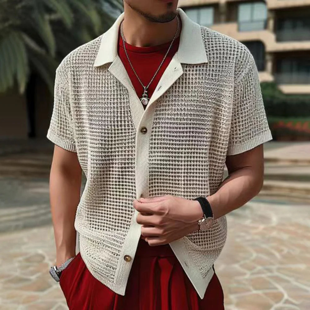 Mens Shirt Summer Knitted Casual Slim Short-Sleeved Top Mesh Semi-Transparent Breathable Trendy Mature Lapel Elegant Shirt 240827