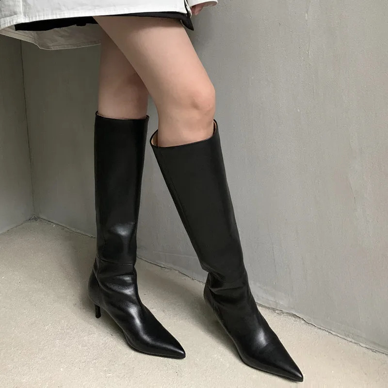 leather knee high boots for women Pointed toes thin heels sliding on party shoes winter autumn high boots for womens shoes 240827