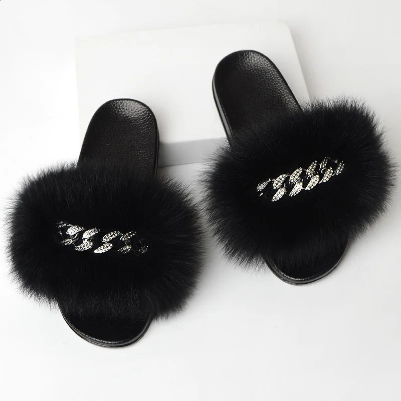Summer womens slider womens real fox fur slider indoor fuzzy plush flip flat sandals fluffy home shoes womens arrival 240827