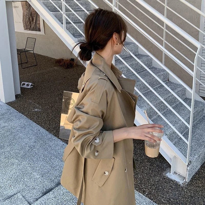 British style womens trench coat spring and autumn collar long khaki casual sleeved belt windproof 240826