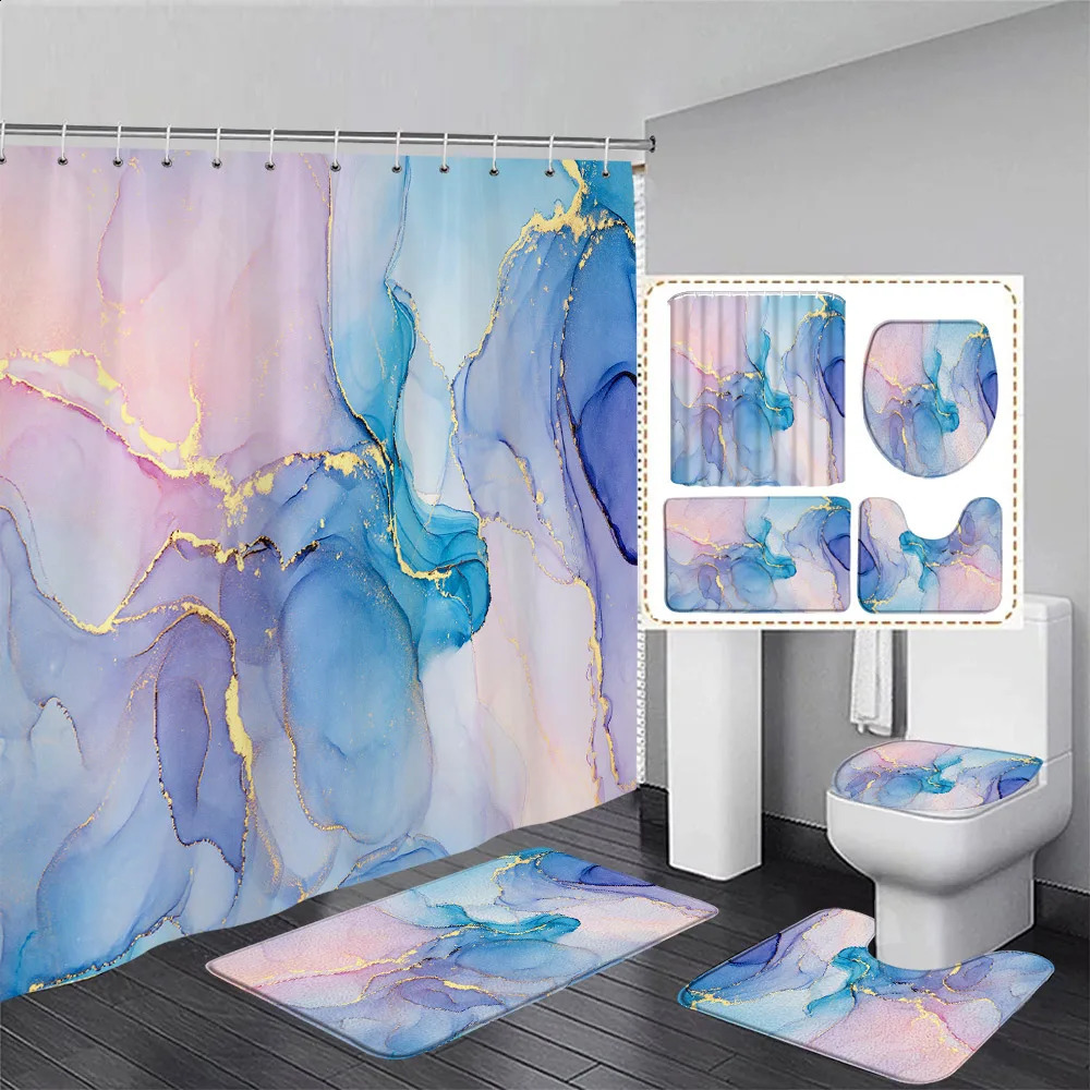 Abstract Blue Marble Shower Curtain Set Gold Line Ink Texture Art Modern Home Bathroom Decor Bath Mats Toilet Lid Cover 240826