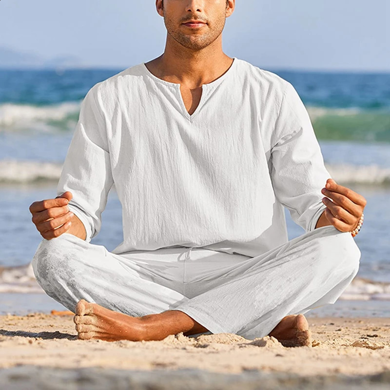 White linen mens summer cotton linen clothing solid color long sleeved Henry shirt elastic waist drawstring pants 2 240827