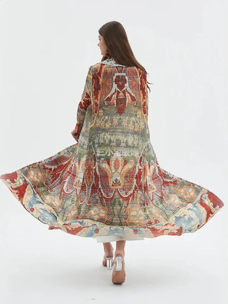 Lanmrem retro printed pleated windproof long contrasting color loose Scraf collar trench coat fashionable clothing 32C1093 240826