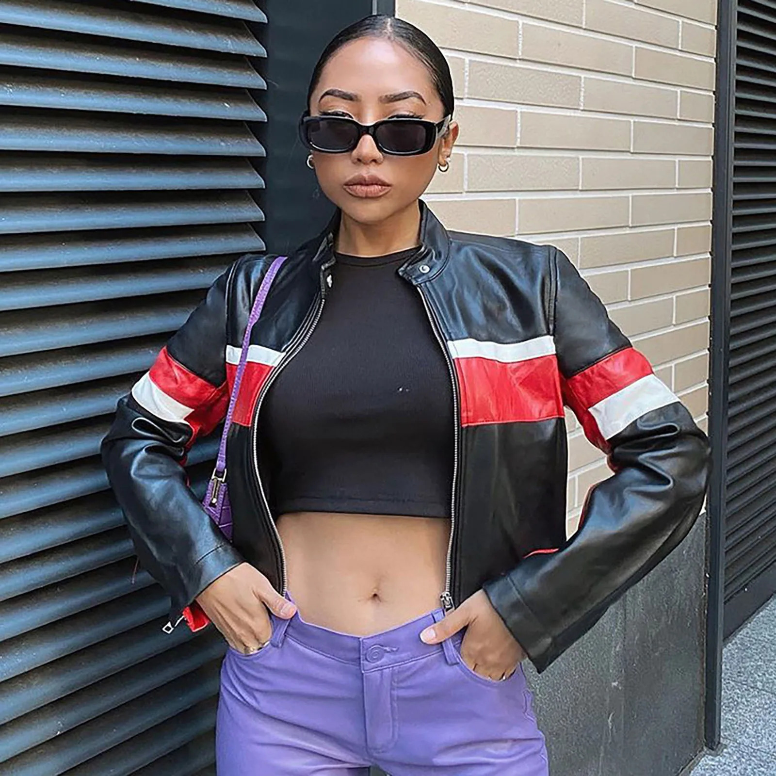 Womens jacket fashionable dress womens motorcycle style comparison cool leather upright zipper 240827