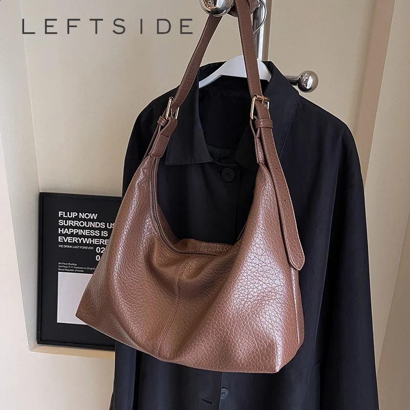 LEFTSIDE Fashion Womens Simple Big Leather Shoulder Bag Ladies Handbags and Purses 2023 Y2K Retro Highcapacity Hobo 240826