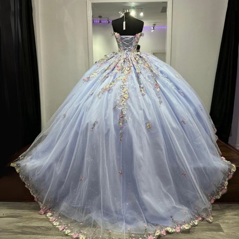 Lilac Princess Off The Shoulder Ball Gown Quinceanera 2024 With Appliques Tull Birthday Prom Dress For Girl Lace Up Back