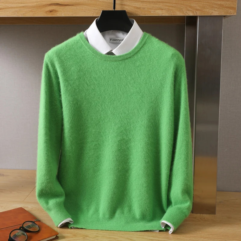 Autumn/Winter Korean 100% Mink Cashmere Mens Cold Top Solid Round Neck Pullover Casual Soft Sweater 240826
