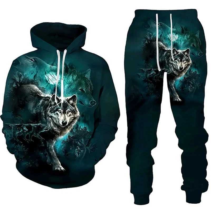 Men's Tracksuits New Forest Wolf 3D Printed Mens Hoodie Autumn/Winter Casual Fashion Sports Pants Track Clothing J240824
