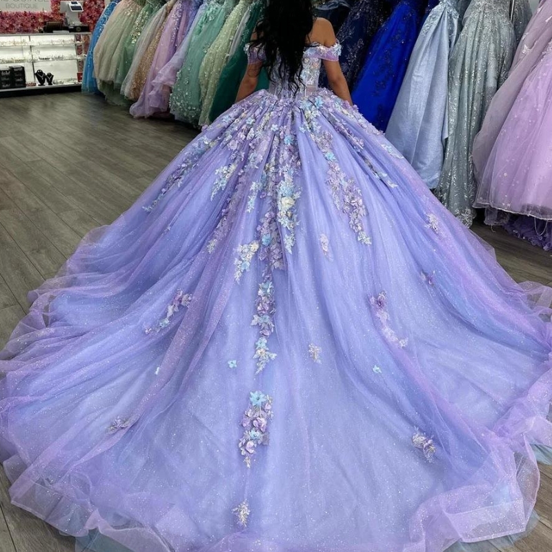 Lilac Shiny Off The Shouler Ball Gown Quinceanera Dresses For 15 Girls Beaded Appliques Graduation Celebrity Party Gowns
