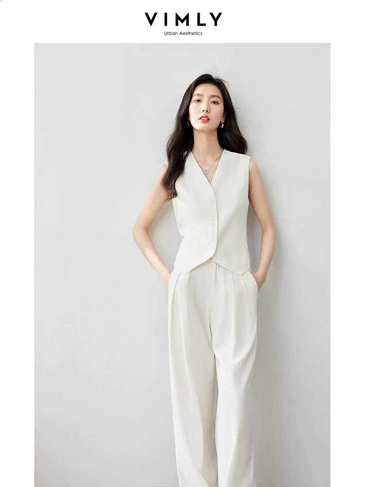 VIMLY Womens Summer Solid and Stripes Blazers Suits Sleeveless Elegant Cropped Blazer VestWide-Leg Pants 2Piece Set M7357 240826