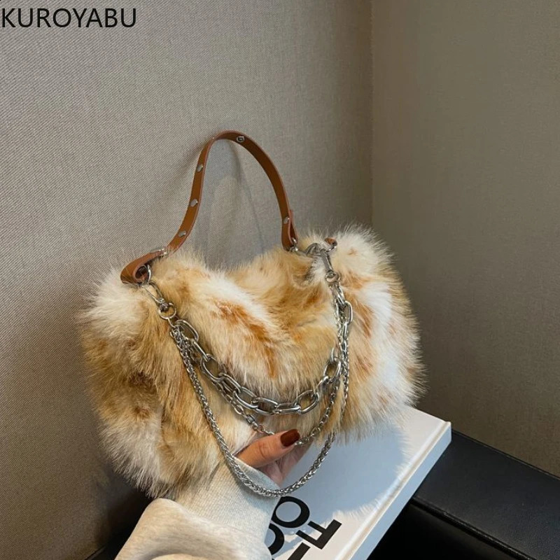 Y2k Women Shoulder Underarm Bags Fashion Chains Faux Fur Ladies Furry Crossbody Bag Soft Plush Female Handbags Tote Purse 240827