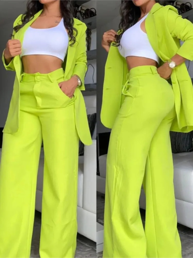 Autumn Womens Fashion Solid Notched Collar Suit Two Piece Business Office Casual Elegant Womens Blazer Coat Trousers Set 240826