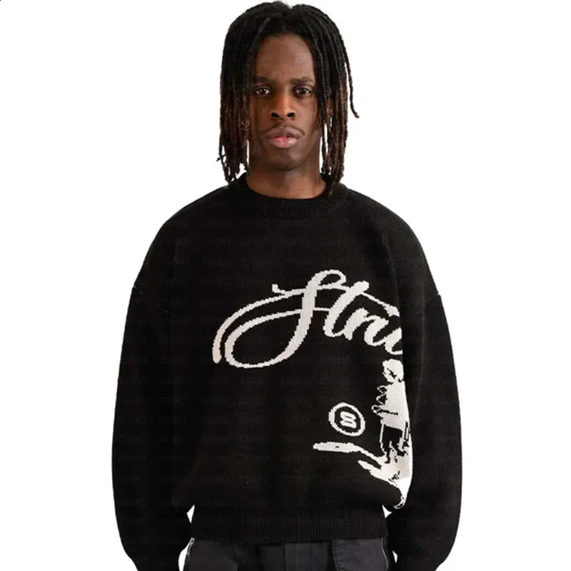 American style street Gothic letter jacquard knitted pullover sweater wholesale loose fitting mens collar 240826