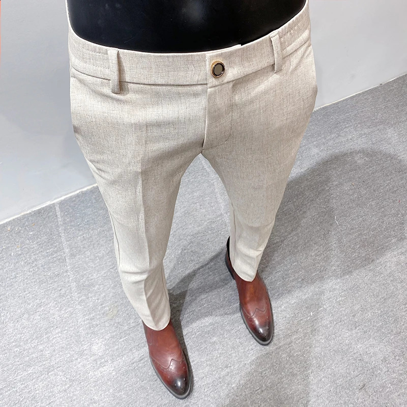 Mens High Quality Linen Suit Trousers Male Slim Fit Solid Color Business Casual Pants Formal Office Social Trouser Plus Size 38 240827