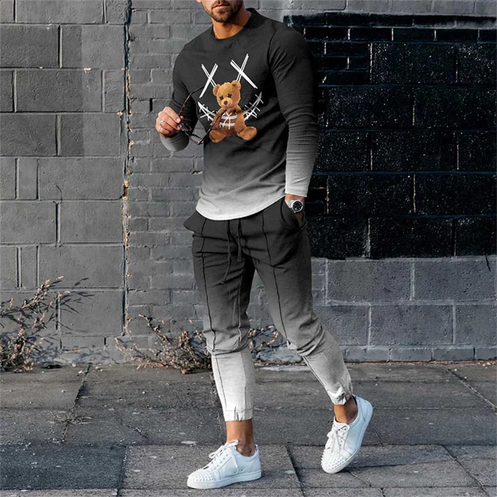 Autumn retro ethnic style 3D printed mens sportswear set long sleeved T-shirt pants 2-piece set oversized floral mens clothing 240827