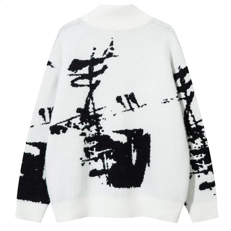 Mens oversized sweater cardigan wool Y2K retro knitted graffiti butterfly zipper jumping hiphop loose double punk gothic jacket 240826