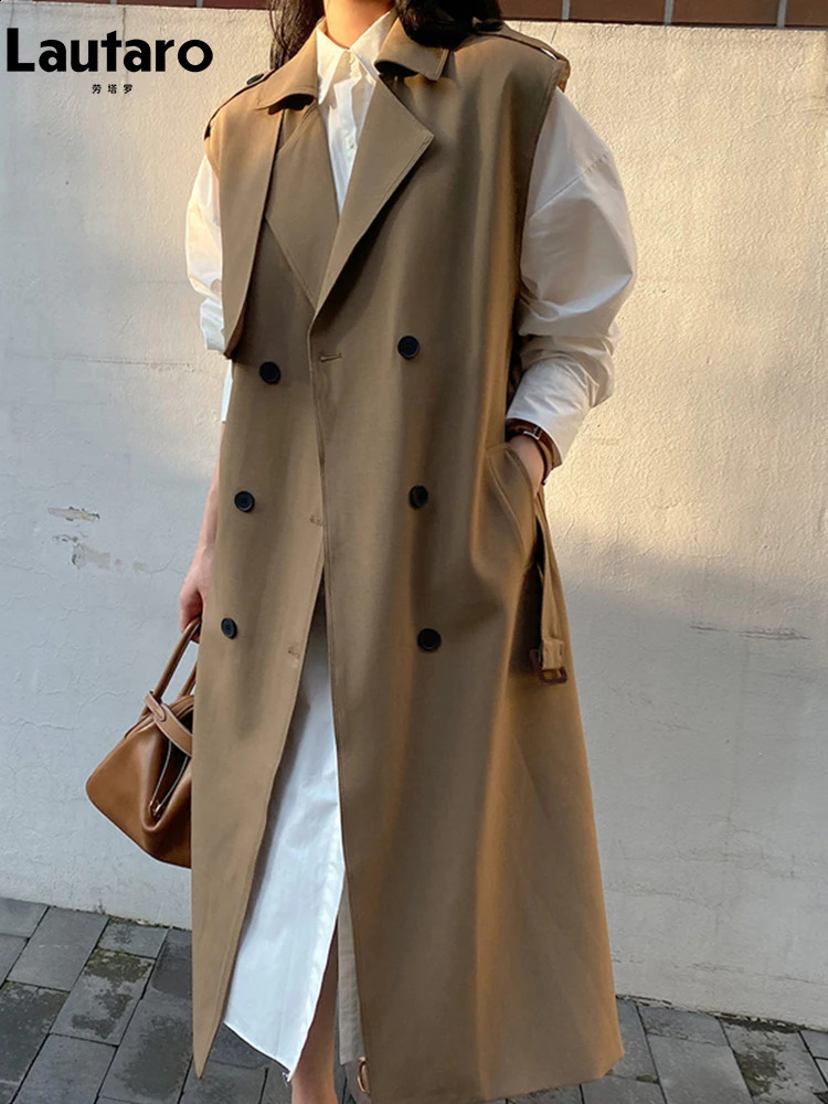 Lautaro Spring and Autumn long sleeved khaki sleeveless trench coat womens double straps loose casual vest ly arrived in 240826