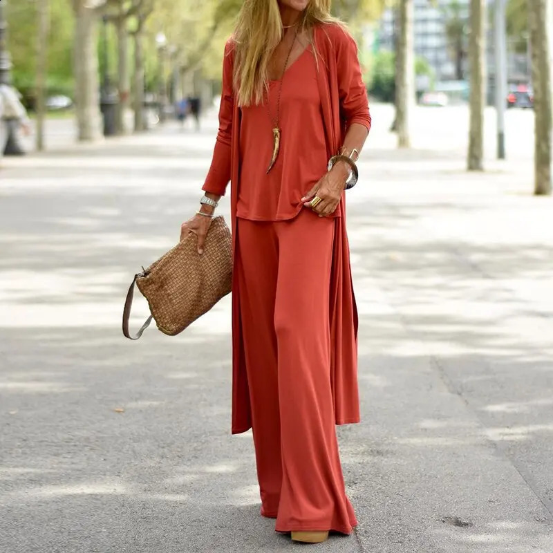 Solid Loose Spring Autumn Casual Three Piece Set Womens Office V-Neck Matching Suit Female Straight Pants Streetwear 3Pc Suit 240826