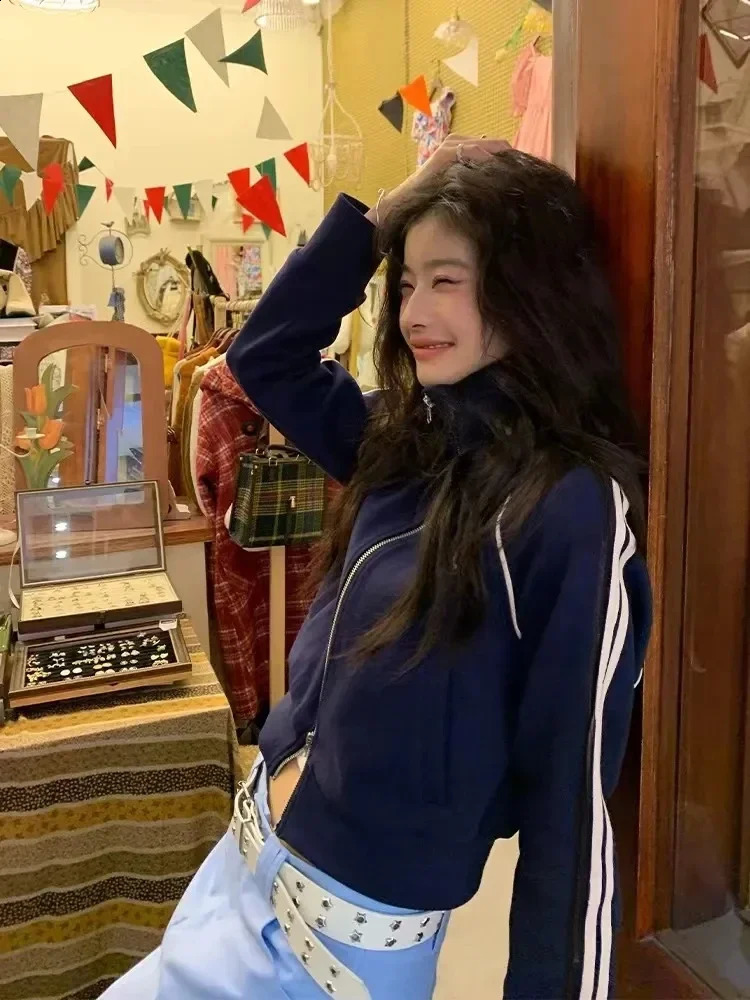 Cropped Track Jacket Women Loose Zipper Short Varsity Jackets Female Korean Style Streetwear Stripe Embroidery Coat Casual 240827