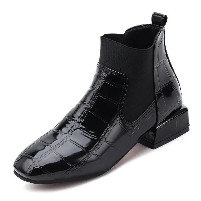Chic Women Boots Shiny Pu Leather Autumn Winter Shoes Spuare Toe Block Heels Ankle Boots Female Botas Zapatos Mujer 240826