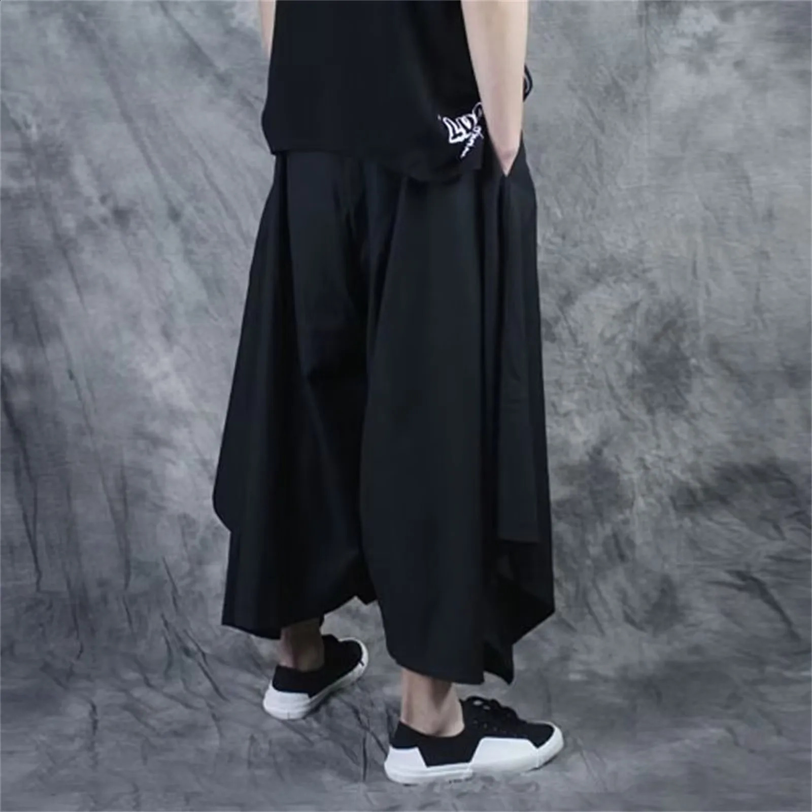 Vintage Men Pants Elastic Casual Baggy Hakama Hiphop Harajuku Cotton Linen Widelegged Loose Drawstring 240823