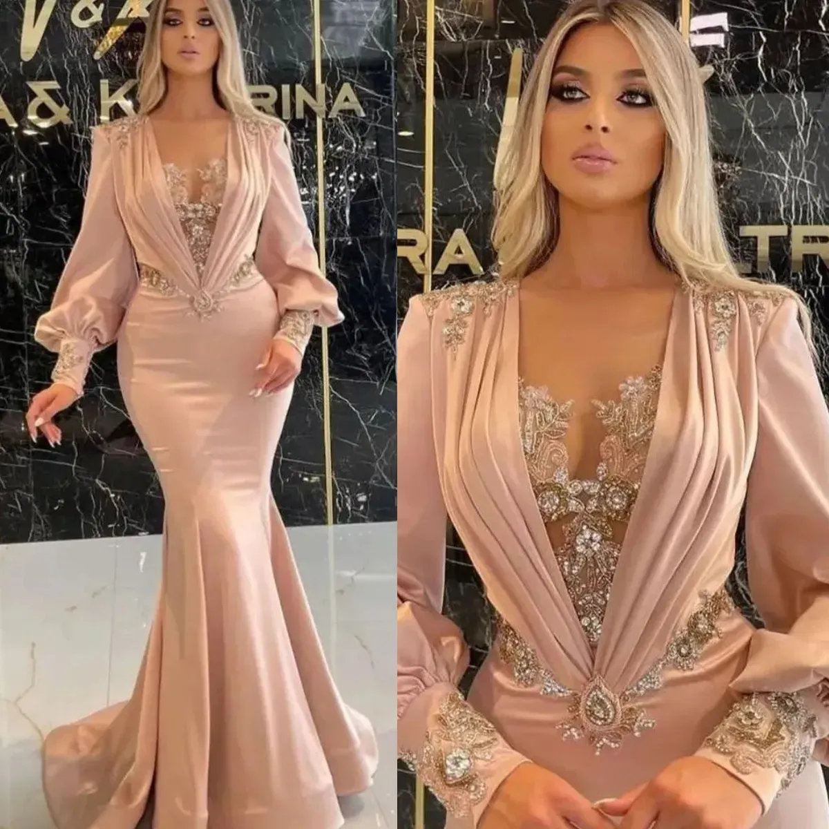 Blush Pink Mermaid Evening Dress with Beaded Illusion V Necke Long Sleeves Elegant Prom Party Gown Formal Dresses for Women