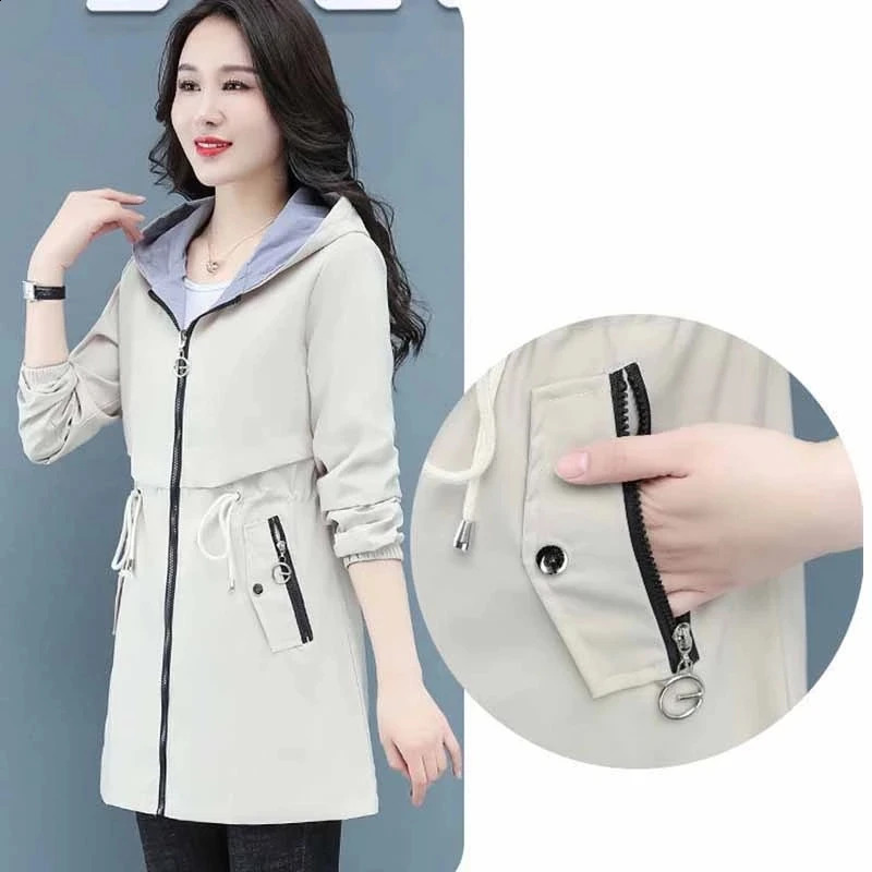 Double sided trench coat womens Spring and Autumn clothing hooded plus size windproof jacket 240826