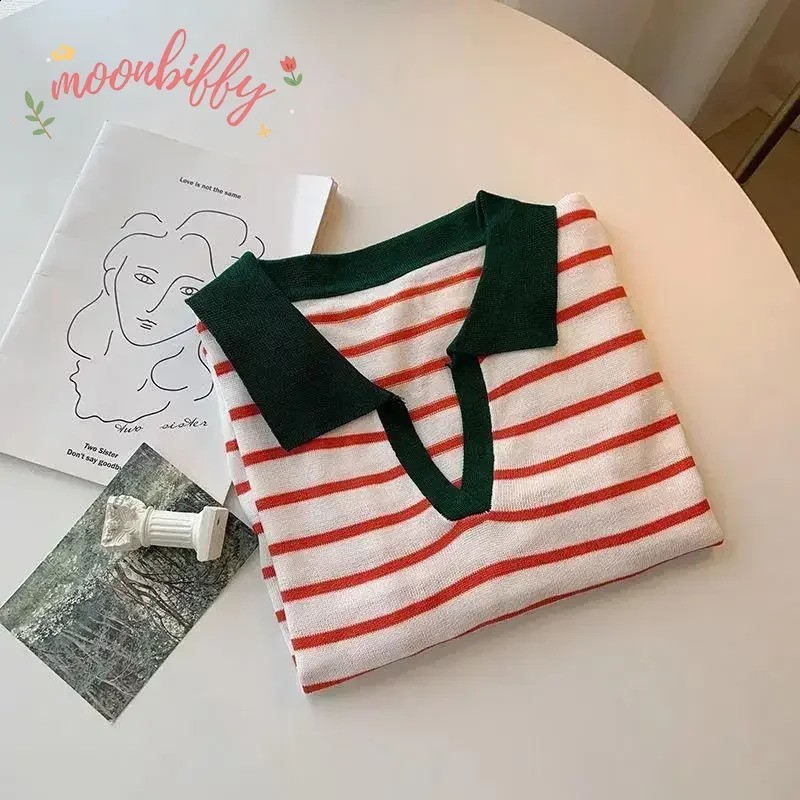 Striped V-neck pullover polo sweater for womens early autumn casual full matching top long sleeved knitted bottom sweater jumper 240827