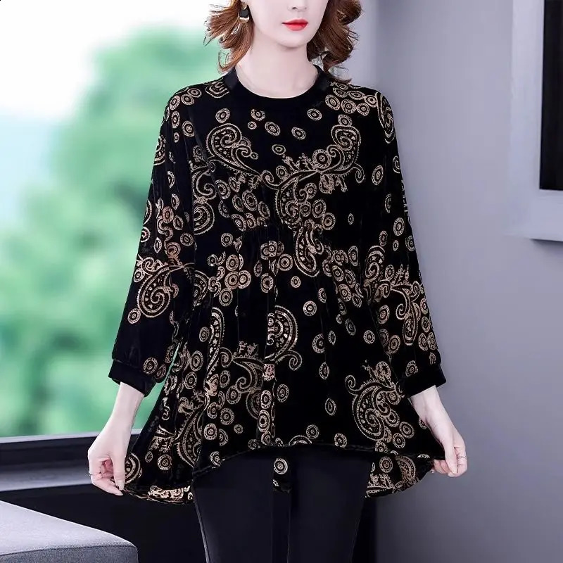Womens round neck gold velvet T-shirt autumn/winter print polka dot long sleeved loose zipper top 240826
