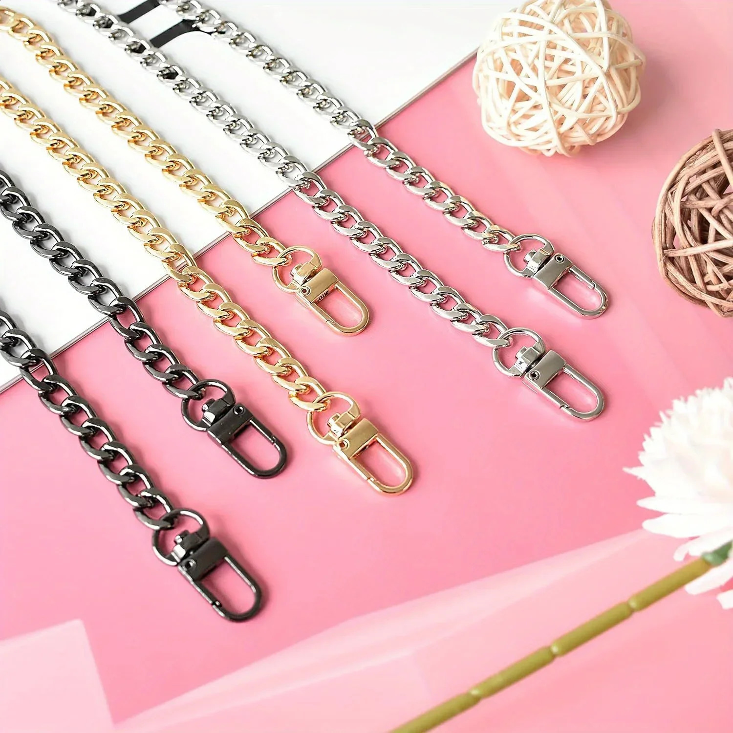 Purse Chain Strap Flat Handbag Chains with Metal Buckles for Wallet Satchel Tote Bags Shoulder Bag Replacement 240826