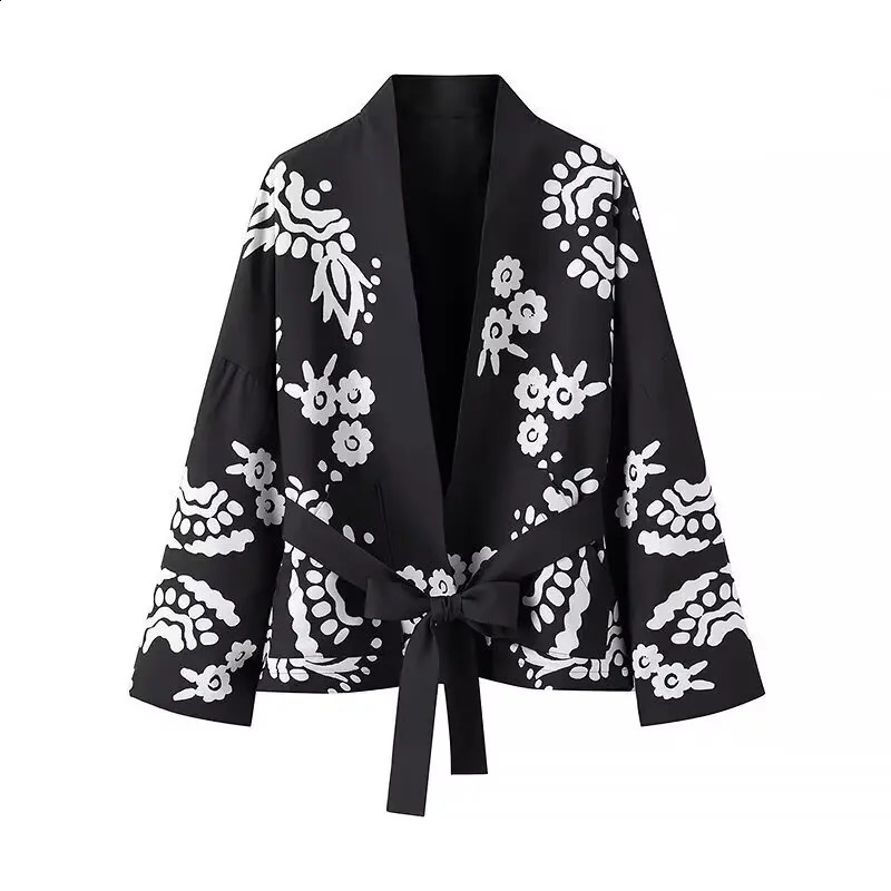 Belt floral print jacket for women Y2k loose elegant long sleeved womens dress zipper fashionable sweet cool ultra-thin jacket 240827