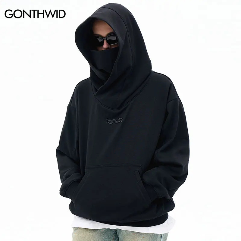 Hip hop ninja hooded streetwear embroidered solid color turtle neck sweatshirt mens Harajuku punk gothic zipper black 240826