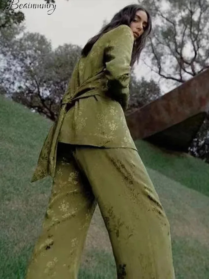 Elegant Green Jacquard BLazer Pants Set Women Casual Bow Lace Up Long Sleeve Lapel Jacket Straight Pants Lady Sets Autumn 240826