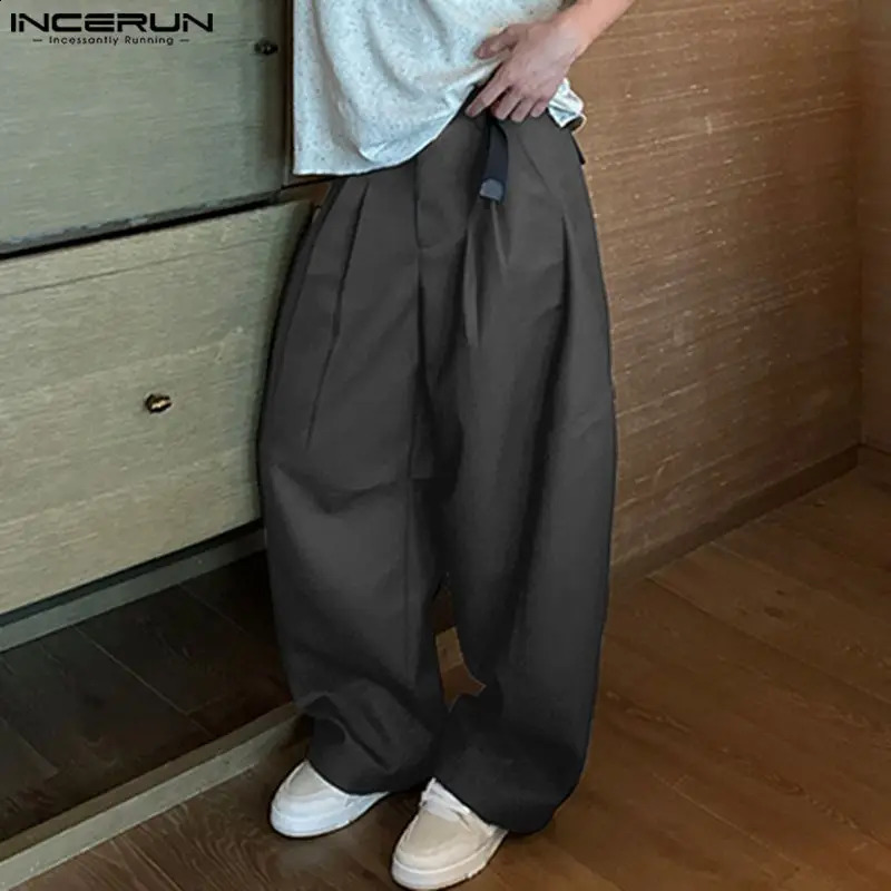 Mens Solid Color Button Jogger Loose Wrinkle Street Clothing Wide Leg Fashion Casual Pants S5XL INCERUN 240827
