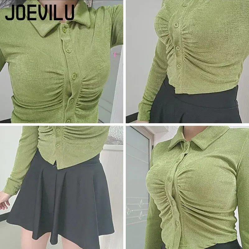 Polo neck pleated crop shirt pleated single chest long sleeved T-shirt for women Korean fashion slim fit top sexy casual Y2K shirt 240827