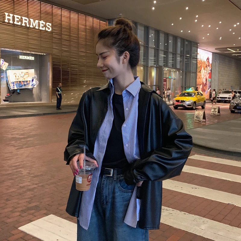 Elastic PU leather basic jacket womens motorcycle jacket spring and autumn black synthetic leather jacket 240827