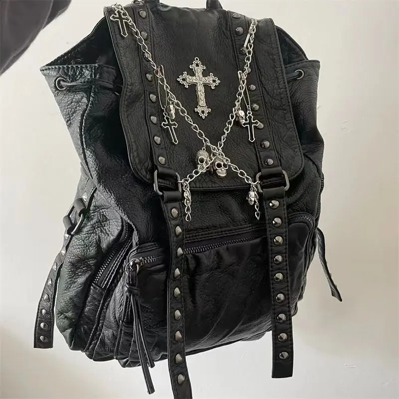 MBTI Goth Y2k Backpacks for Women Black Punk Rivet Chain School Students Bag Pu Leather Cross Skeleton Fashion Female 240827