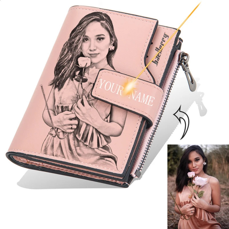 Personalized Po Name Wallet for Men And Women PU Leather Short Tri-fold Zipper Coin Pocket Retro High Capacity Purse Gift 250516