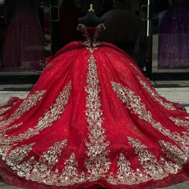 Off Red The Shoulder Corset Ball Gown Quinceanera Dresses Gold Appliques Lace Beads Tull Vestidos De Anos Sweet Dress D