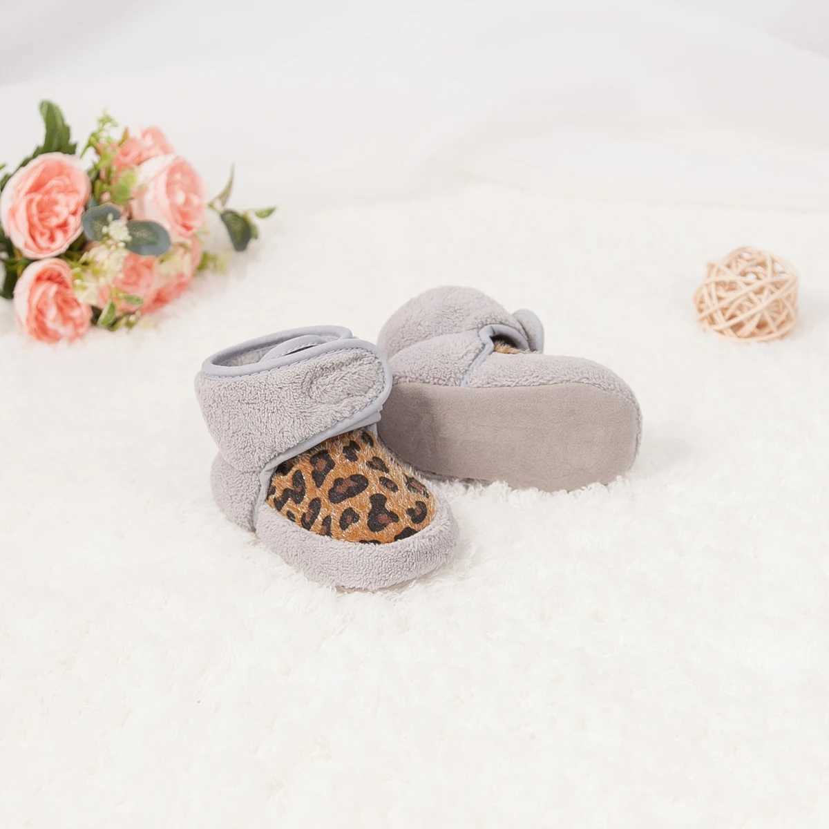 KIDSUN newborn baby boots leopard print winter plush cotton anti slip first mover baby boys girls baby crib shoes toddler snow boots M240827