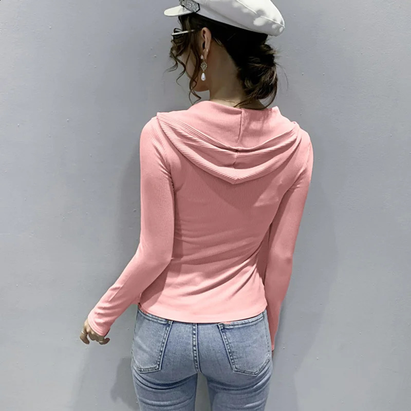 Wxw7914 black gray long sleeved hooded womens T-shirt zipper sexy street clothing short sleeved womens pocket elastic cotton ultra-thin 240827