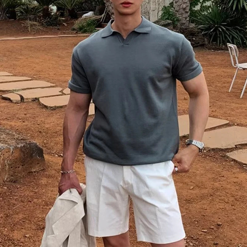 Korean Style Summer Retro Simple Knitted Polo Shirt Men Trendy Solid Color Lapel Loose Short Sleeved T Shirt 240820