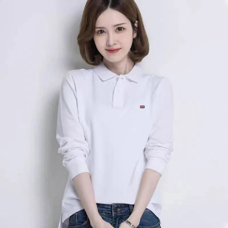 High quality spring and summer womens polo shirt long sleeved casual cotton womens T-shirt fashionable slim fit womens top 240827