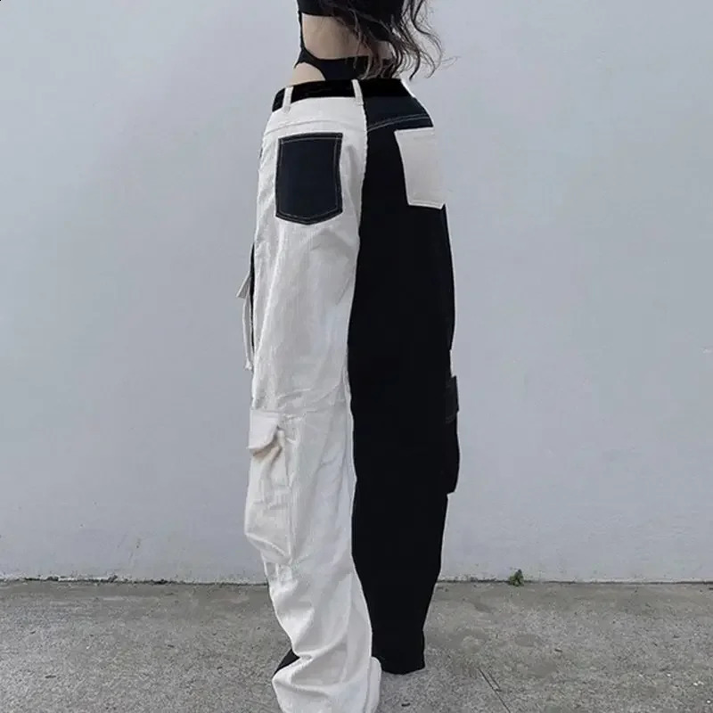 Black and white splicing contrast color corduroy cargo pants women high waist multi-pocket y2k baggy girl casual pants 240827