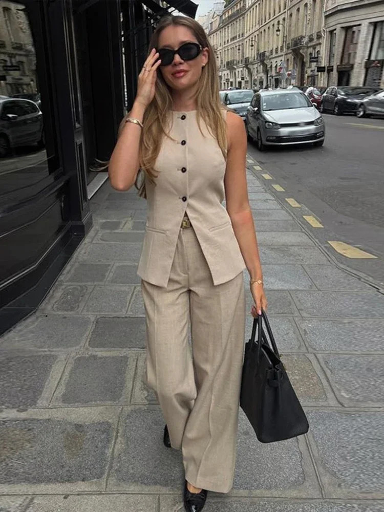 Elegant Vest Two Piece Set Women Office Single Breasted Top High Waist Wide leg Pant Female Suit Cotton Linen Lady Trousers Sets 240826