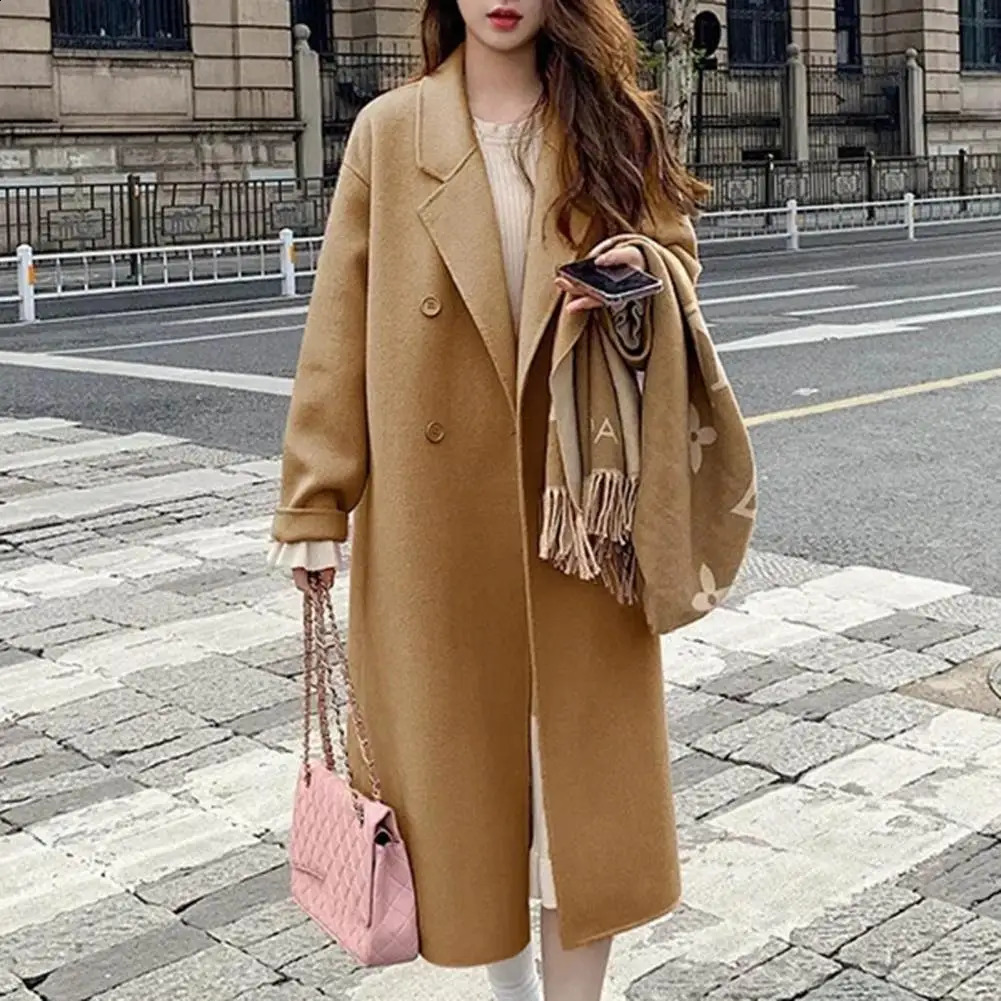 Women Double-Breasted Wool Cashmere Coat Fashion Long Turn-down Collar Belt Woolen Coats Lady Loose Tweed Jacket Autumn Winter 240826