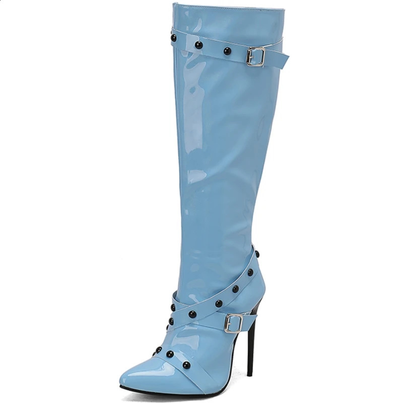 Womens knee high boots sexy toes autumn and winter shoes black and white high-heeled boots womens party dance shoes large size 45 240827