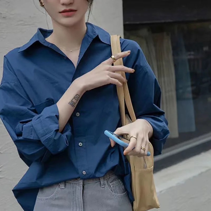 Korean Style Long-sleeved Shirt Ladies Spring Lazy Retro Green Blouse Womens Clothes Tops Casual Female Solid Simple Shirt 240826