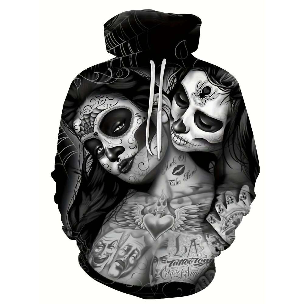 3D Gothic Graphic Hoodie - Adjustable Drawstring Kangaroo Pocket - Casual Fall Winter Wear